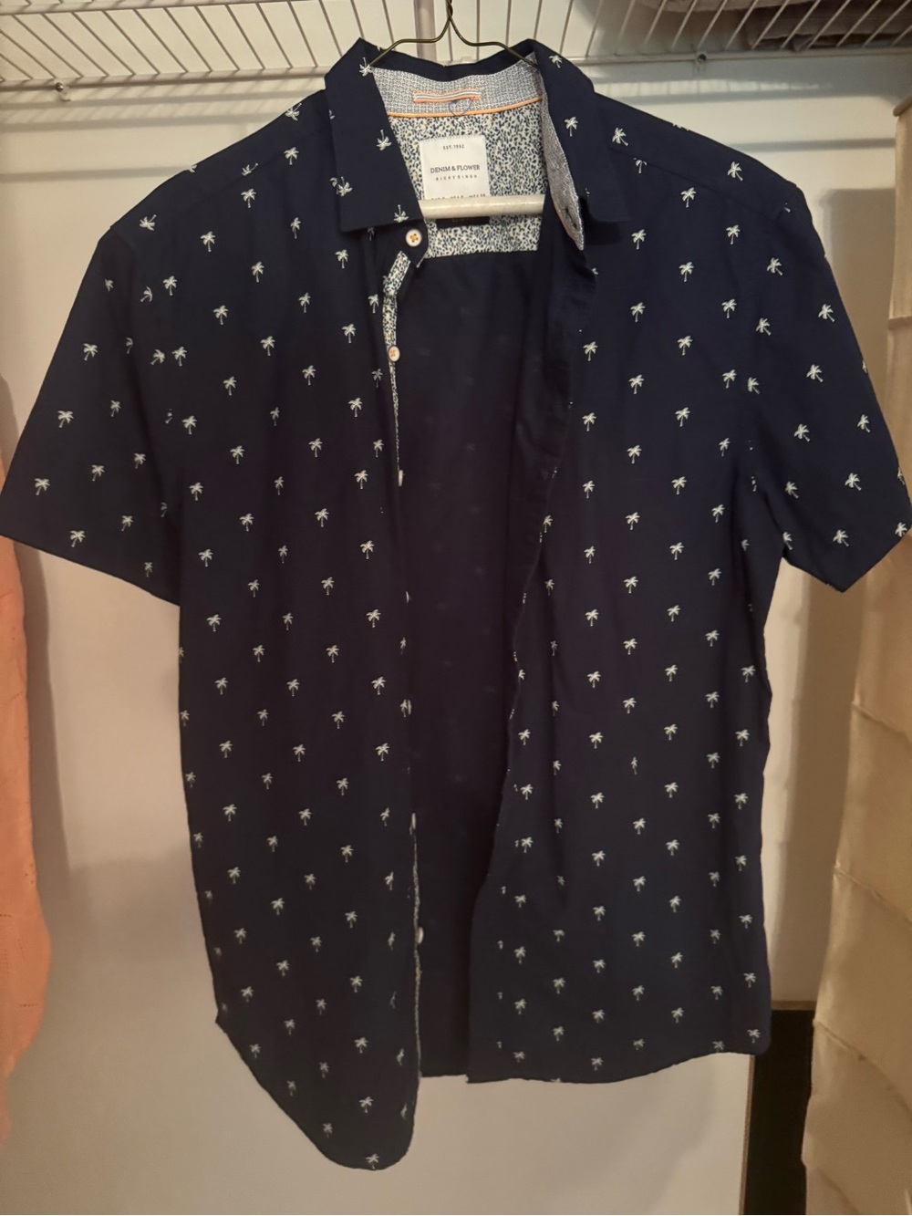 Denim & Flower Navy Short-Sleeve Button-Down with White Palm Print